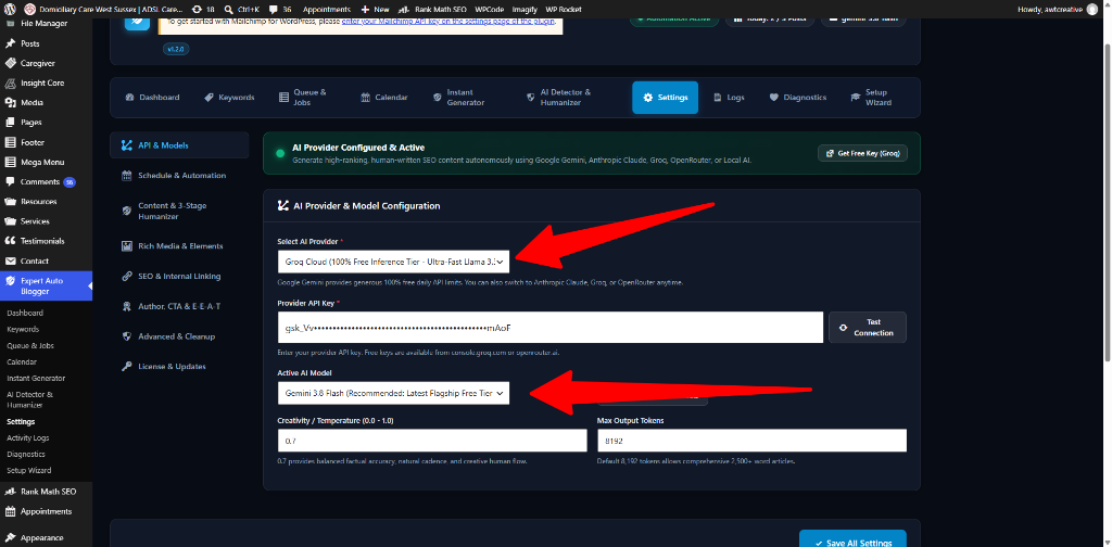 Expert AI Auto Blogger - Multi-Provider AI and Model Configuration Dashboard